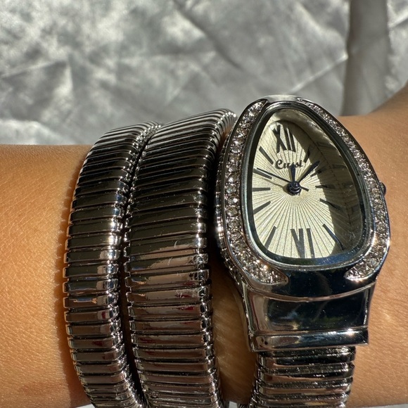 Serpentine Silver Snake Coil Wrap Watch – Crystal-Embellished Statement  Watch main image 5